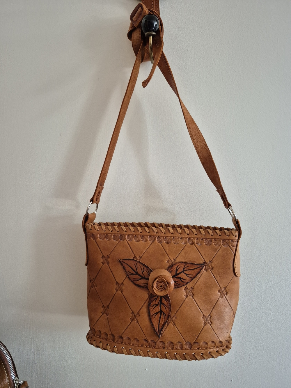 Vintage Mexican Hand Tooled Leather With 3D Rose Accent Crossbody Bag in Tan